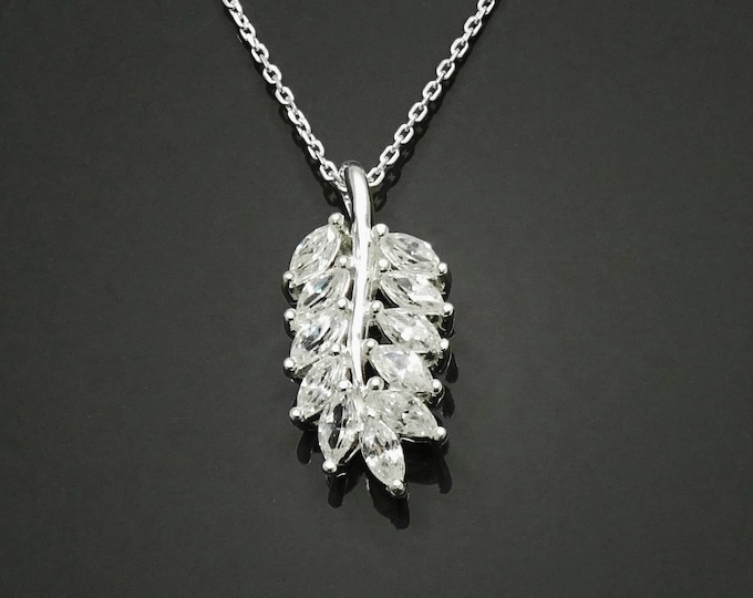 Laurel Necklace, Sterling Silver, White Clear Stone (Cz), Leaf Branch Charm, Unique Jewelry Gifts for Her, Women Leaves Pendant with stones