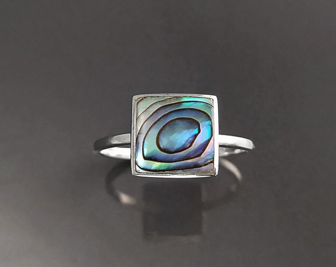 Abalone Shell Ring, Sterling Silver 925, Genuine in a Minimalist Square Design, Natural Blue Green Reflections Colors, Each Peace is Unique