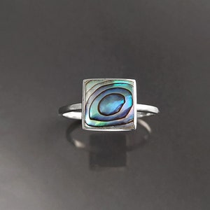 Abalone Shell Ring, Sterling Silver 925, Genuine in a Minimalist Square Design, Natural Blue Green Reflections Colors, Each Peace is Unique