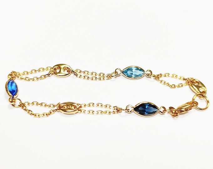 Topaz Link Bracelet • 18K Gold Plated Double Chain with 3 Blue Color Tones Marquise CZ Stones & Coffee Bean Links • Everyday Women Jewelry