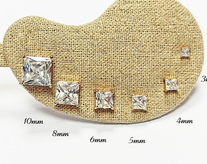 Gold Square Solitaire Earrings • Gold Plated 18K • 3mm–10mm Sparkling Princess Cut Cz Diamond Stone Classic Stud • Unisex Studs for Everyday