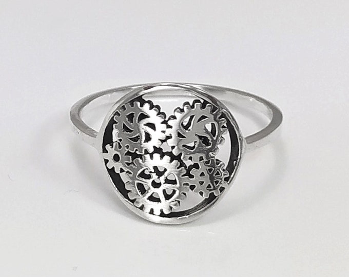 Engrenages ring, sterling silver, gear ring, engineering jewelry, clock mechanical jewelry, transmission ring, Steampunk Geometry Round Ring