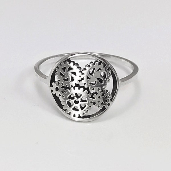 Engrenages ring, sterling silver, gear ring, engineering jewelry, clock mechanical jewelry, transmission ring, Steampunk Geometry Round Ring