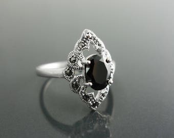 Anillo de marcasita negra, plata de ley, anillo de marquesa vintage, simulante de diamante negro de laboratorio (Cz), joyería de piedra retro, regalos antiguos para mujeres