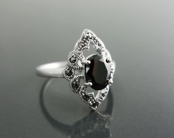 Black Marcasite Ring, Sterling Silver, Vintage Marquise Ring, Lab Black Diamond Simulant (Cz), Retro Stone Jewelry, Antique Women's Gifts