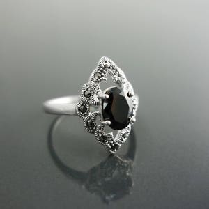 Black Marcasite Ring, Sterling Silver, Vintage Marquise Ring, Lab Black Diamond Simulant (Cz), Retro Stone Jewelry, Antique Women's Gifts