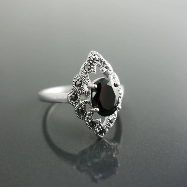 Bague Marquise Noire, Argent 925, Bague Marcassite Ovale Antique Pierre Zirconia Couleur Diamant Noir, Bijoux Marcassites Vintage, Cadeau