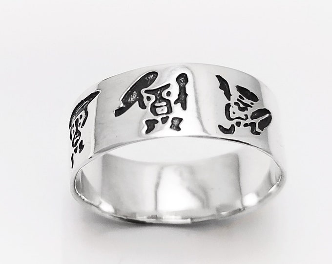 Surf Ring, Sterling Silver Band with Black engraved Hawaiian Tikis Pattern. Unique Handmade Men Thumb Ring. Tribal Style Band Ring.