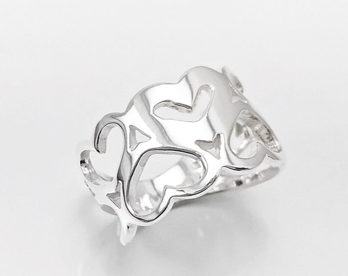 Love Ring, Heart Ring , Sterling Silver Ring, Heart Pattern , Crown of Hearts, Engagement Band, Filigree Ring, Gift, Valentine's day