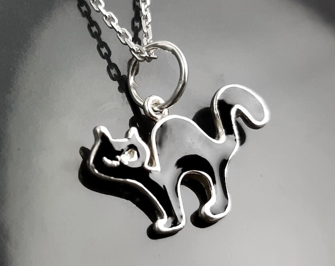Black cat  necklace, Sterling silver, Halloween Witch black cat pendant, witchy black cat pendant, jewelry Gift