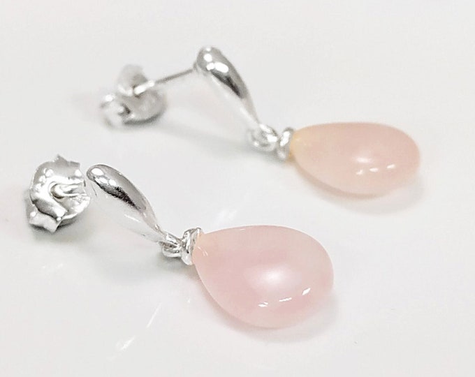 Rose Quartz Earrings Sterling Silver 925, Pink Quartz Oval Stone Earrings, Dangle Stud Earrings, Small Teardrop.