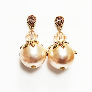 Peach Drop Pearl & Crystal Earrings by KRAMIKE • Apricot Color Pearls • 18K Gold Plated Studs • Ideal for a Wedding, Party, or Gift for Her