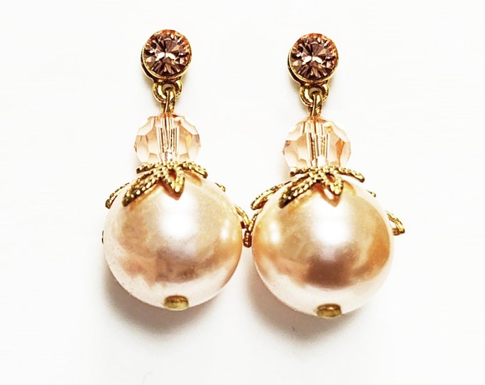 Peach Drop Pearl & Crystal Earrings by KRAMIKE • Apricot Color Pearls • 18K Gold Plated Studs • Ideal for a Wedding, Party, or Gift for Her