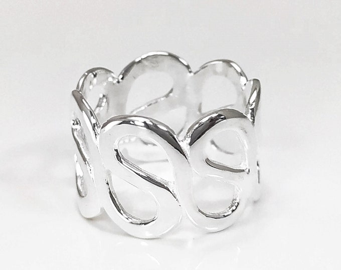 Meander Cuff Ring, Sterling Silver, Large Wave Ring, Armor Band Ring, Open Twist Ring,  Greek Curved Graphic Design Jewelry