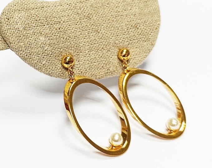 Gold Oval Pearl Drop Earrings• Statement 18K Gold-Plated Modern Jewelry • Floating Shell Pearl Dangle Beveled Hoops • Elegant Gift for Her