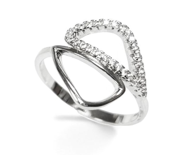 Geometric Openwork Ring • Sterling Silver & Zirconia • Geometric Open Frame Design Ring • Minimalist Abstract Jewelry • Modern Gift for Her