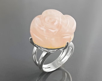 Rose Ring, Sterling Silver made, engraved stone, NATURAL Rose Quartz Gemstone jewelry, Rose flower, Floral design, Birthstone Ring