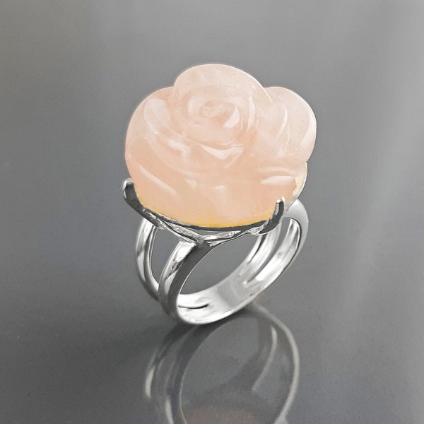 Bague Quartz Rose, Argent 925, Fleur Rose Sculptée et Fait main, Quartz Rose Véritable, Bague floral Idéal Mariage Soirée Quotidien