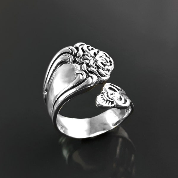 Spoon Ring, Sterling Silver, Beautiful Engraved Flower Blossom Jewelry, Antique Inspired Ring, Adjustable Silverware Ring, Woman Gift