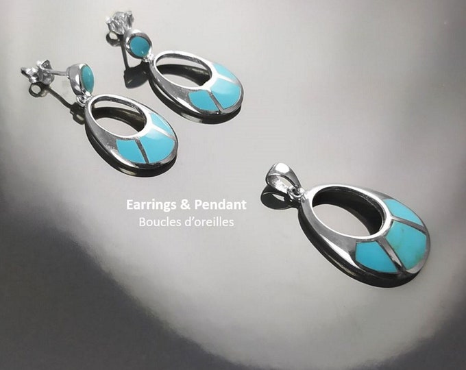 SET Turquoise Sterling Silver Earrings and Pendant Sterling Silver, Oval Almond Shape Blue Turquoise, Turquoise Stones, Dangle Earrings