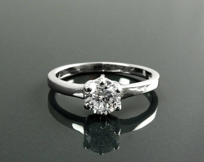 1ct Ring, Sterling Silver, Round Solitaire, 1 Ct High Grade (CZ), Prongs setting, Standard size, Clear White Stone