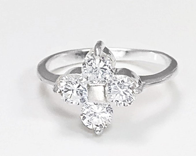 Square Ring, Sterling Silver, White Clear Stone Cz, Flower Ring, Quatrefoil Four Stones Ring