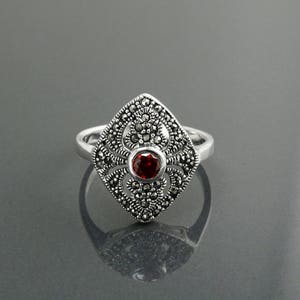 Antique Red Ring, Sterling Silver, Vintage Marcasite Marquise Ring, Red Garnet Color Stone Cz, Retro Rings, Medieval Jewelry, Women&#39;s Gifts