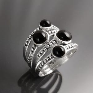 Sterling 925 Band Ring, Onyx Black Stone Multi Band Ring Sterling Silver 925 • Vintage Style Jewelry, KRAMIKE Design Ring Unique 925