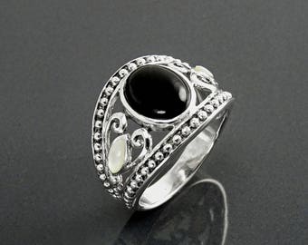 Bague Onyx Noir, Argent 925, Nacre et Pierre Onyx Noir, Bague Tribale, Bague Hipster, Bague Pierre Ronde, Anneau Large, Bague Boho,