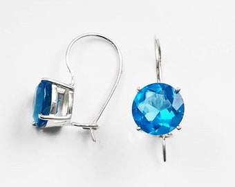 Pendientes de gancho de piedra AZUL claro de 10 mm de piedra, plata de ley, pendientes 925, pendientes de ganchillo, pendientes de ganchillo cerrados, piedra de vidrio azul