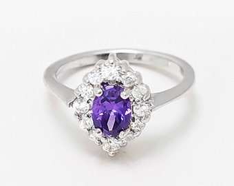 Purple Marquise Ring, Sterling Silver, White CZ Stones, Oval Amethyst Color CZ Stone, Engagement Ring, Classic Promise Jewelry, Woman Gift