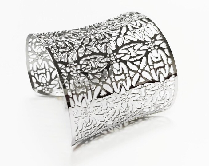 Filigree Armor Cuff Bracelet • Stainless Steel • Intricate Floral Lace Design • Modern Boho Statement Jewelry • Woman Wide Open Bangle