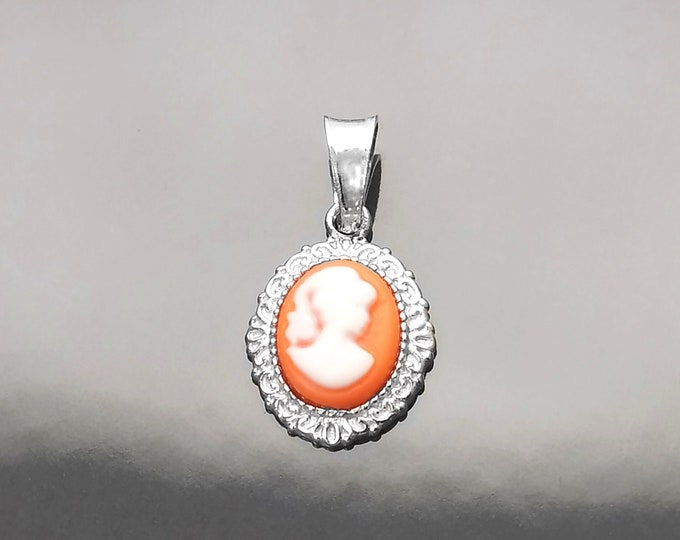 Red Cameo Pendant - Sterling Silver Red and white Resin stone - woman face portrait cameo - Vintage necklace charm - Victorian Jewelry gift