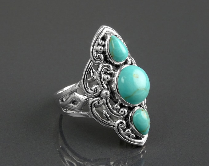 Turquoise Antique Ring, Sterling Silver, Triple Turquoise Stone Jewelry, Ethnic Jewelry, Boho Chic Jewelry, Unique Statement Rings for her