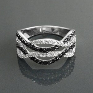 Crossing Waves Ring, Sterling Silver, Black White Stones (CZ), intertwined Crossing Lines, Cocktail Interwoven interlocking Two Waves Ring