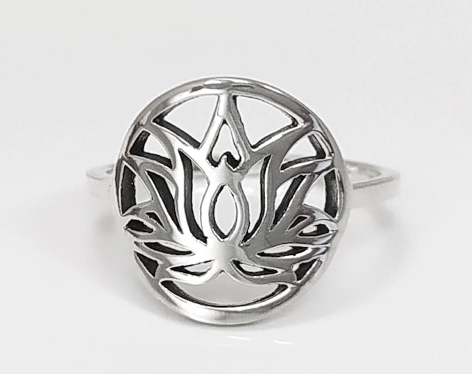 Lotus Ring, Sterling Silver, Zen Spiritual Jewelry Yoga Mandala Open Chakra Oriental Spirit Gift Boho Flower Ring