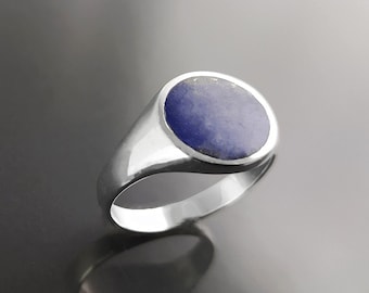 Lapis Signet Ring, Sterling Silver, Blue Lapis-Lazuli Gemstone, Hipster Mens Man Jewelry, Unisex Pinky Ring, Round Flat Stone Christmas Gift