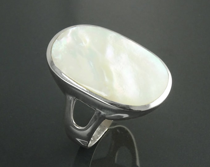 Oval White Ring, Sterling Silver, GENUINE Mother of Pearl, Flat Oval Stone, Original Modern Rectangle Ring, Statement Design Setting Jewelry