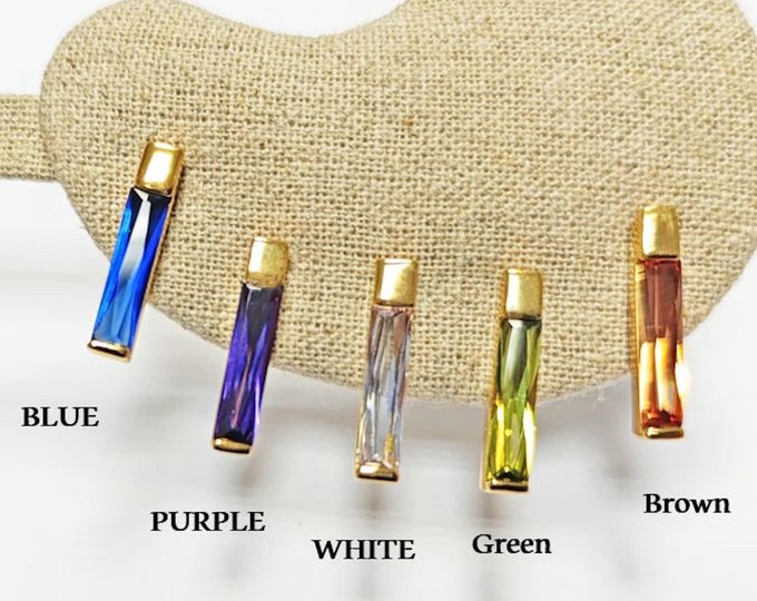 RECTANGLE Stone Earrings • Gold Plated 18K •Blue, Purple, White, Olive or Orange Color Cz Studs • Minimalist Timeless Jewelry.