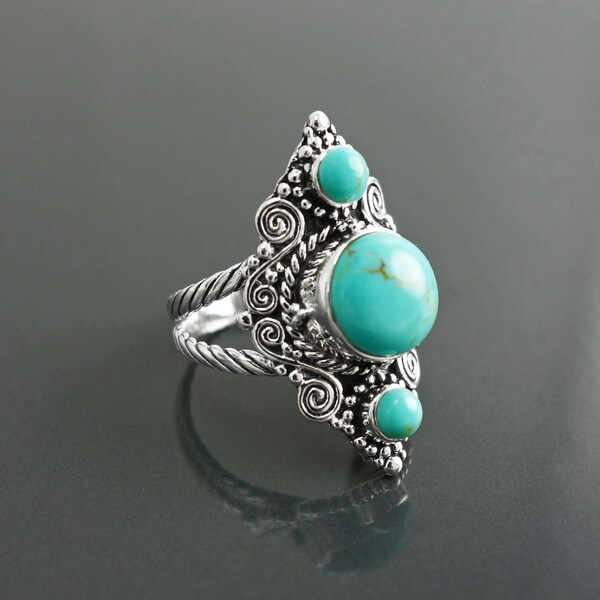 Triple Turquoise Ring, Sterling Silver, Turquoise Stone Jewelry, Ethnic Jewelry, Boho Chic Jewelry, Unique Statement Antique Rings for her