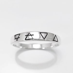 Sterling Silver Earth Elements Ring, Alchemical Symbol Band, Four Symbols : Earth Air Water Fire, Meditation Astrology jewelry