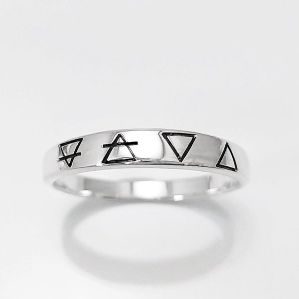 Earth Planet Elements Ring, Sterling Silver, 4 Alchemical Elements Band, Four Symbols : Earth Air Water Fire, Meditation Astrology jewelry