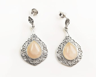 Estilo vintage de cuarzo rosa, pendientes de cuarzo rosa, plata de ley, pendientes de piedra de cuarzo rosa genuino, pendientes de piedras preciosas, joyas de piedra de nacimiento