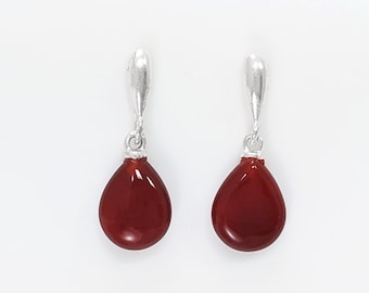 ROUGE AGATE Argent 925 -Boucles d'oreilles Courte, Boucles Rouge Pendantes sur Tige, Pierre Rouge en forme de Gouttes, Petite Boucles.