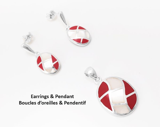Red Oval Earrings, Sterling Silver, White Mother of Pearl Shell, Red Stone, Mosaic Wave Pattern, Modern Geometric Earrings & Pendant Set