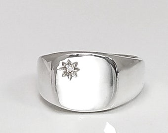 Bague chevalière personnalisable, argent 925, bague carrée avec pierre zirconia blanche, bijoux pour gravure Initiales, cadeau unisexe