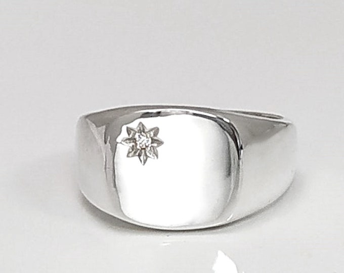 Diamond Signet Ring, Sterling Silver, Square Signet Ring with stone, Initials engraving jewelry, unisex Personalized Gift