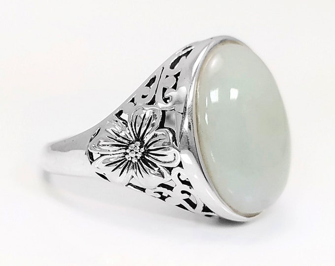 NATURAL Green Jade Ring, 925 Sterling Silver, GENUINE Jade Gemstone Jewelry, Vintage Hipster Intricate Filigree Shank Design