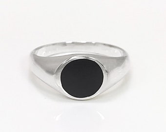 Anillo de sello redondo, plata de ley, piedra de ónix redondo negro, regalo de Navidad, anillo de sello meñique, joyería unisex popular