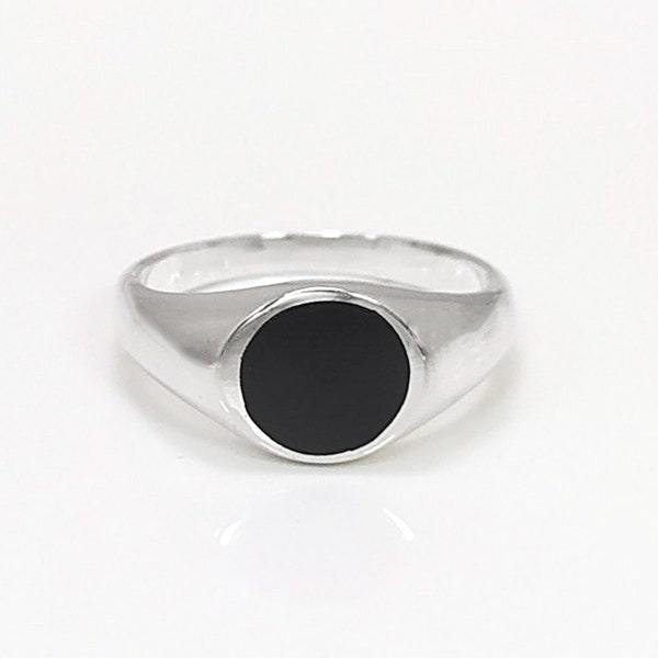 Anillo de sello redondo, plata de ley, piedra de ónix redondo negro, regalo de Navidad, anillo de sello meñique, joyería unisex popular